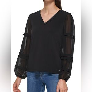 Calvin Klein black blouse with sheer, layered sleeves